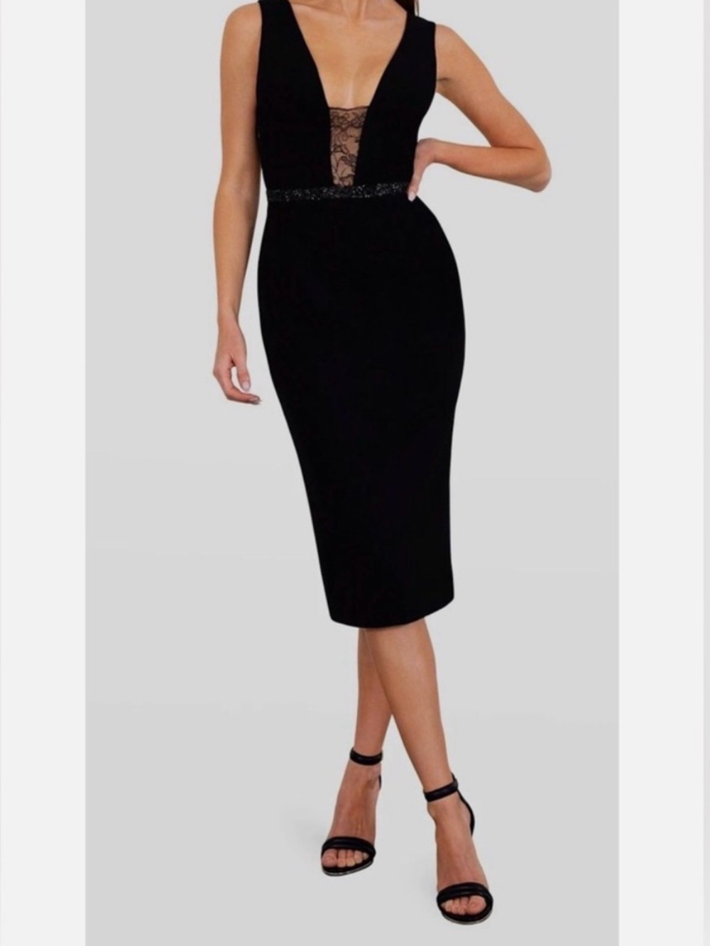 NWT HELSI Black Lace Illusion Plunging Midi Dress - Large - $375
